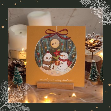 原創港式插畫聖誕卡-D款雪人與熊貓