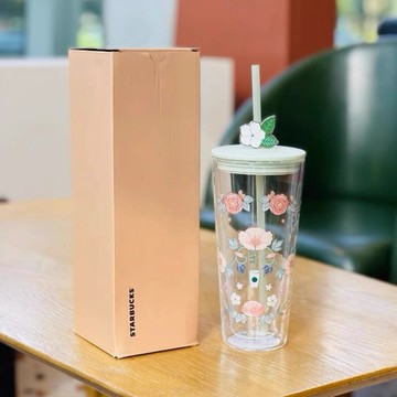 星巴克杯子2026新年禮物春日花系列韓風雙層大容量玻璃杯吸管杯配花花吸管裝飾