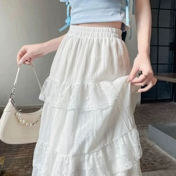 【PING'S🌞】白色半身裙女設計感蕾絲花邊蛋糕裙春夏高腰法式長裙大擺a字裙子