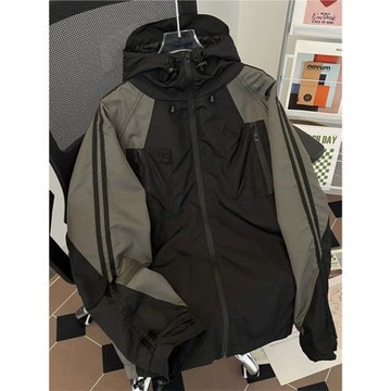 機能風拼接插肩連帽沖鋒衣男女戶外運動休閑工裝外套夾克衫春秋季