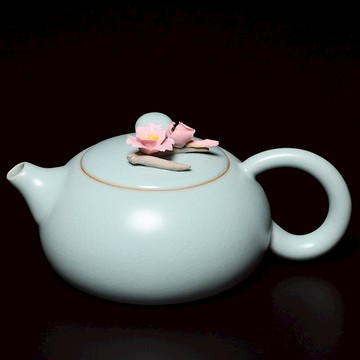 天青開片汝窯花開富貴茶壺 家用陶瓷功夫茶具大號汝瓷泡茶壺單壺