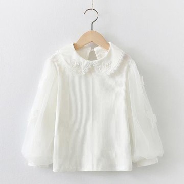 女童長袖T恤春秋裝2025新款中大童蕾絲娃娃領上衣白色兒童打底衫