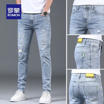 羅蒙2025年夏季新款破洞牛仔褲男薄款彈力修身直筒寬松休閑長褲子
