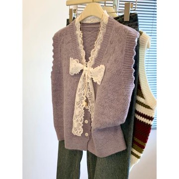 小香風蕾絲蝴蝶結V領背心女2025秋季疊穿高級感針織馬甲無袖上衣