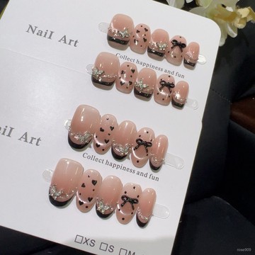 ➕最新設計款穿戴甲💅【黑桃公主】溫柔韆金風法式手工貓眼水波蝴蝶波點顯白穿戴甲短款短方穿戴甲 ORP8