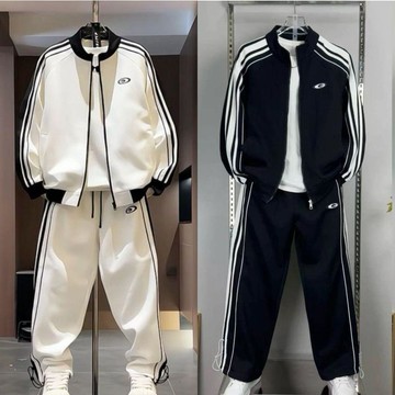 時尚百搭 春季 新款 美式 潮牌 拼接 休閒 運動套 情侶款 立領 衛衣 休閒褲 兩件套 8H