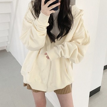 春裝薄款奶黃色衛衣外套女設計感寬松慵懶風拉鏈開衫上衣