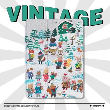 雪山藝術油畫小動物卡通潮簡筆畫適用于蘋果2024款iPadPro12.9/11三折保護殼air6/air5/mini6防摔氣囊平板殼