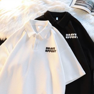 重磅華夫格短袖t恤男polo衫夏季青少年潮牌大碼假兩件翻領上衣服