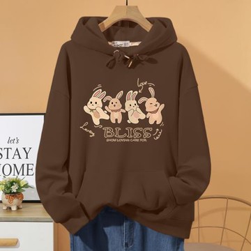 兔子印花咖啡色連帽正肩衛衣女2024春秋薄款大碼胖MM寬松顯瘦外套