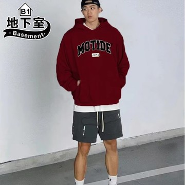 地下室B1-連帽大學T 美式MOTIDE字母文字印花連帽t恤 大口袋 運動 男生 t恤 大尺碼5XL【NL665083】