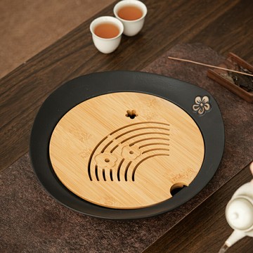 粗陶茶盤小型家用圓形托盤儲水式干泡臺日式陶瓷功夫茶臺瀝水茶海