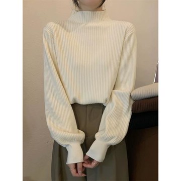 法式燈籠袖半高領打底針織衫女秋冬小香風洋氣內搭上衣奶杏色毛衣