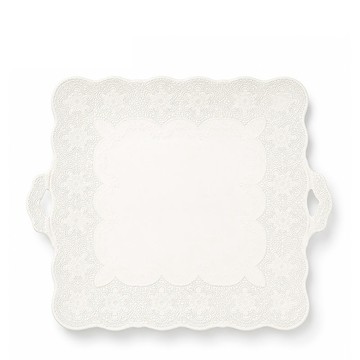 義大利VBC casa 手工浮雕蕾絲系列 43x37cm方形雙耳果盤 米白色