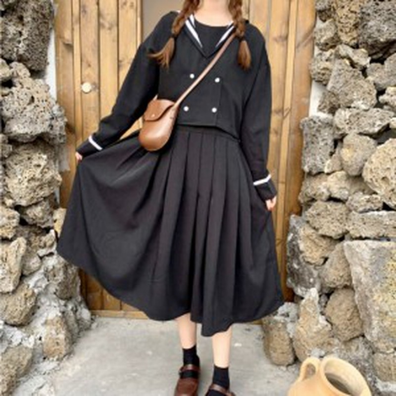 ワンピース レディース 秋 冬 服 ミモレ 丈 長袖 オルチャン ファッション 可愛い 10代 制服 風 セーラー ボックスプリーツ ダブルブレス 通販 Lineポイント最大1 0 Get Lineショッピング