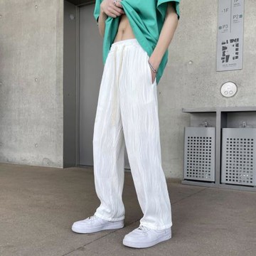 夏季水波紋休閑白色褲子冰絲男垂感長褲九分百搭高街寬松闊腿褲子