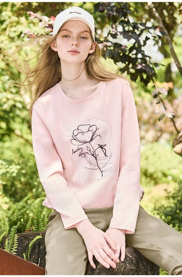 電繡縫珠花朵印花T恤上衣