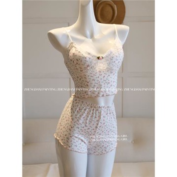 Painting girl 純戀甜系·睡衣女甜美碎花吊帶套裝帶胸墊純欲夏裝