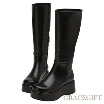 【Grace Gift】神級美腿輕量厚底襪套長靴 黑
