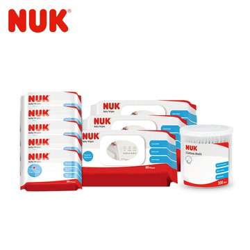 德國NUK-[限定組合]濕紙巾80抽X3+20抽5包+嬰兒用棉花棒200支/盒(純水濕紙巾/寵物濕紙巾/寶寶濕紙巾)
