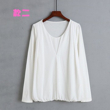 圓領長袖雪紡拼接T恤衫秋秋新款女套頭百搭甜美上衣 打底衫C/3-3