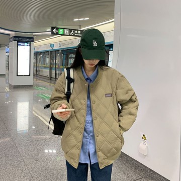 Chubchic 中大尺碼女裝 菱形格棉衣女2025冬季新款情侶棒球棉服oversize外套加厚韓系棉襖 冬天大衣