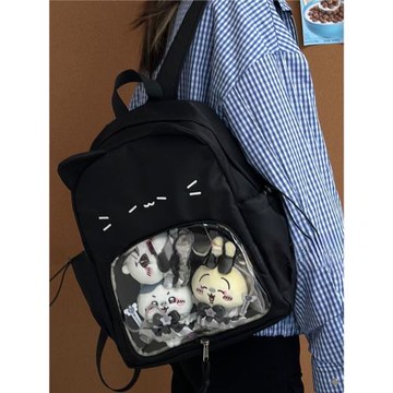 24新款氣哭黑貓雙肩包書包顏文字貓咪黑色痛包可拆卸大容量上課包