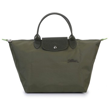 LONGCHAMP Le Pliage Green 再生尼龍刺繡LOGO短提把中型水餃包-軍綠色