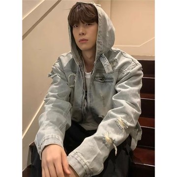 美式復古拉鏈破洞連帽牛仔外套男款潮流寬松百搭水洗做舊夾克上衣