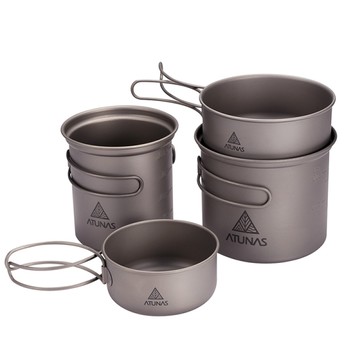 ATUNAS折疊鈦雙套鍋組(4件入)(平底煎鍋/湯鍋/輕量無毒/登山炊具/野炊/露營/戶外餐具/GetSport)