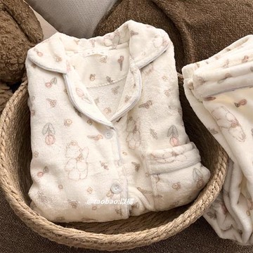 ins小兔郁金香睡衣女秋冬季珊瑚絨保暖卡通韓版可外穿家居服