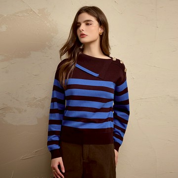 SO NICE 鹽系可麗露風撞色條紋翻領棉質針織上衣