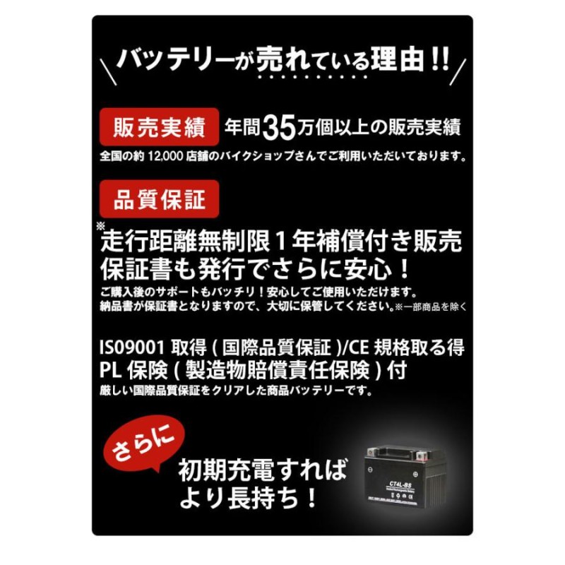 バイクバッテリー CT4B-5 GT4B-5 YT4B-BS YT4B-5互換 充電済み 一年保証 ISO9001取得 国際品質保証 CE規格取得  バイク バッテリー バイクパーツセンタ | LINEショッピング