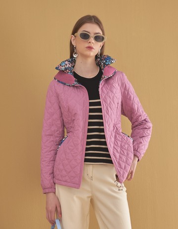 ★【喜芝梅】菱形紋壓線彩花內襯雙層立領羽絨棉外套(兩色；M-3L) 223160187