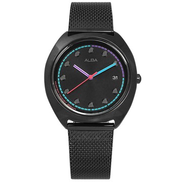 ALBA / VJ32-X304SD.AG8K53X1 / 跳色潮流 霓虹元素 日期 米蘭編織不鏽鋼手錶 鍍黑 36mm
