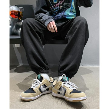 純色簡約休閑抽繩褲子男春秋ins寬松百搭束腳衛褲運動休閑九分褲