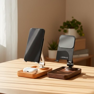 原木手機支架座禮盒|客製化鐫刻|航太鋁合金|實木置物盤|質感設計