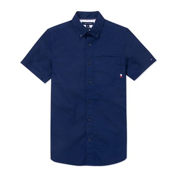 TOMMY 經典口袋刺繡Logo短袖襯衫-深藍色