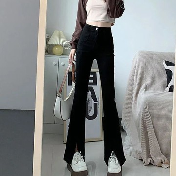 韓版高腰緊身開叉微喇叭牛仔褲【P178】