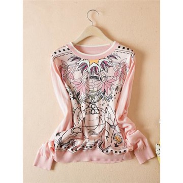 春季新款 小衫女高檔洋氣歐貨緞面印花拼薄款套頭針織打底衫上衣