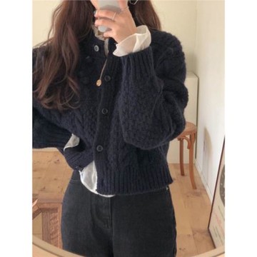 復古藏青色麻花毛衣開衫女2025秋冬歐貨短款羊毛外套洋氣別致上衣