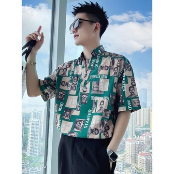 夏季短袖花襯衣男發型師潮牌ins痞帥高級感七分袖襯衫冰絲網紅T恤