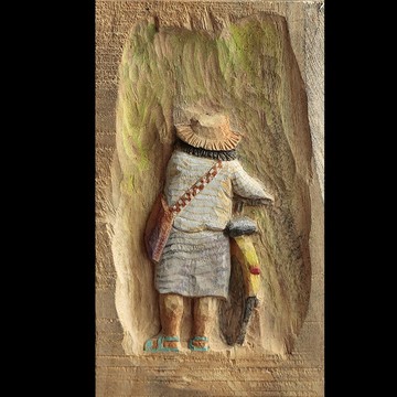 牽著腳踏車的阿婆(手工木雕)