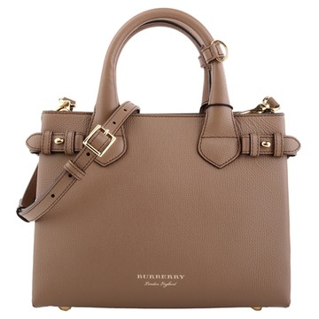 BURBERRY 巴寶莉  -  烙印金字皮革側格紋手提/斜背兩用包(摩卡棕)