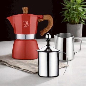 【FUJI-GRACE富士雅麗】DIY咖啡拉花小摩卡壺組 (2杯份小摩卡壺 + 不鏽鋼拉花杯350ml + 雙層手動奶泡器400ml) 手作咖啡入門