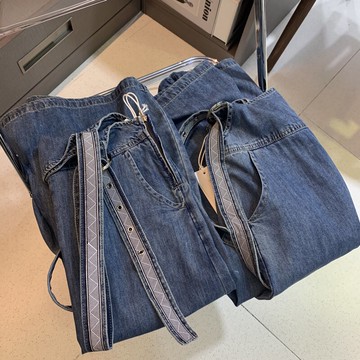 好貨 復古水洗牛仔背帶褲女夏A-2新款寬松高腰直筒九分褲闊腿褲子