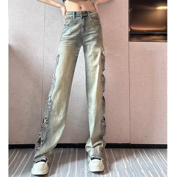 2025夏新款破洞牛仔褲女重工燙鉆做舊鏤空蝴蝶刺繡拖地直筒褲顯瘦