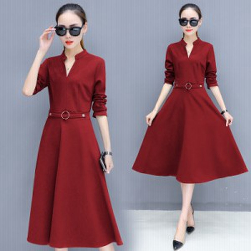 シック ワンピース ミモレ丈 フレア Aライン Vネック 大人 上品 赤 レッド オフィス 女子会 Mme3878 通販 Lineポイント最大1 0 Get Lineショッピング