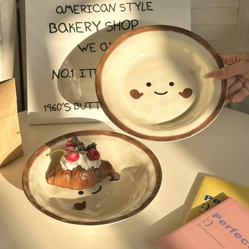 臺灣+免運✨陶瓷盤子 碟子奶油風卡通萌臉菜盤家用2025新款碗碟餐具高級感炒菜碟子深盤餐盤