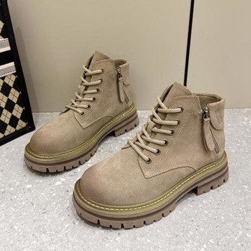 外貿原單尾貨磨砂皮大黃靴女雙拉鏈厚底內增高真皮馬丁靴復古短靴